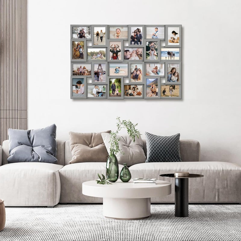 J.M.Deco Collage Picture Frames for Wall 24 Slots, Reunion Friends Family Memory Large Photo Frame Selfie Gallery Puzzle Collage Wall Hanging for 4x6 Photo | Grey - Image 2